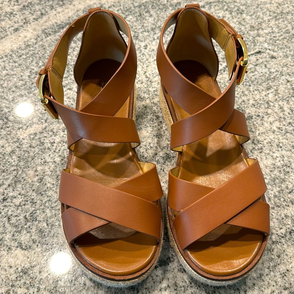 Michael Kors, beige brown, flat wedge platform sandals with gold buckle